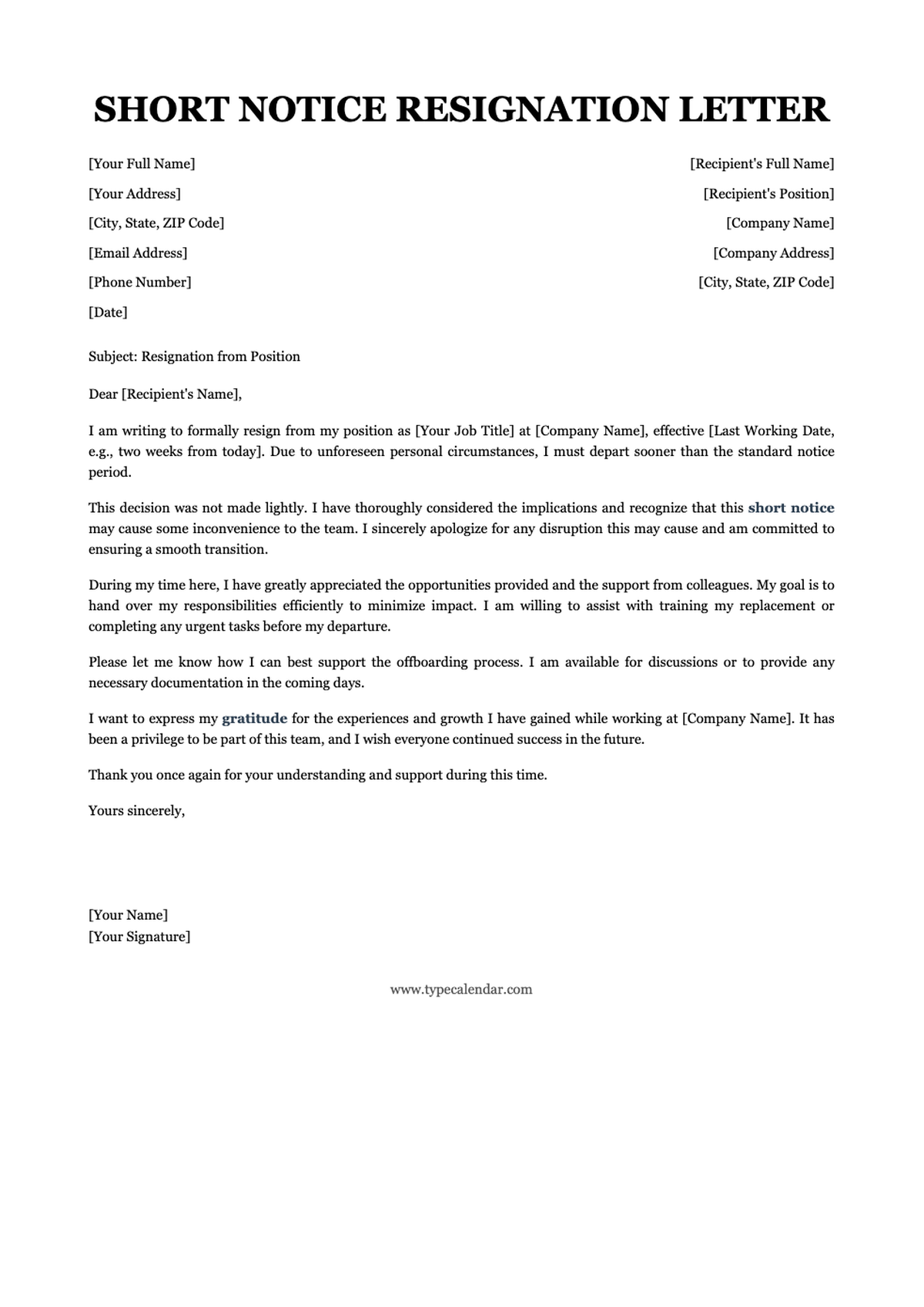 Short notice resignation letter template with placeholder fields_variant_2